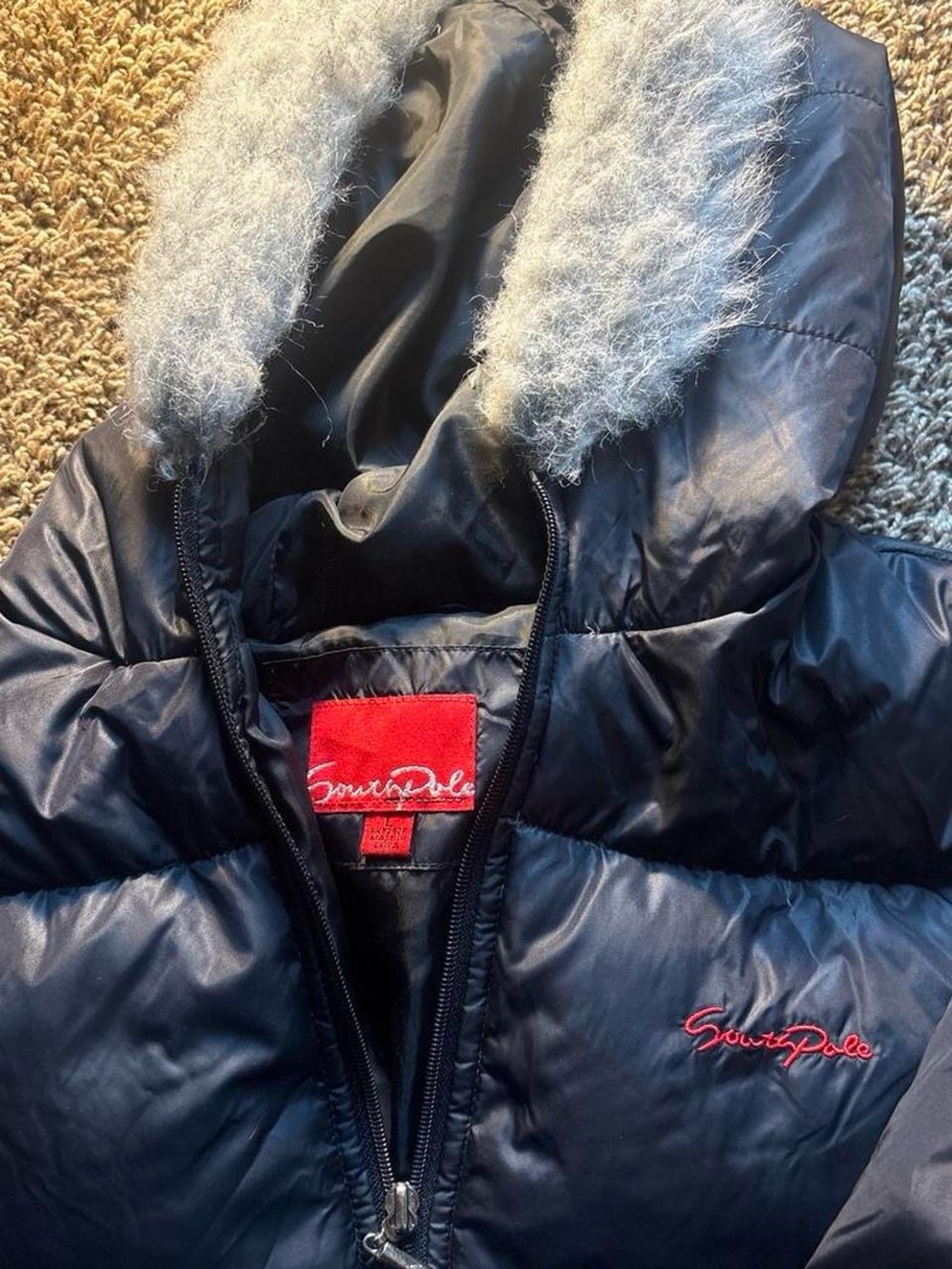 South Pole Navy Quilted Puffer Jacket with Faux Fur Hood Trim